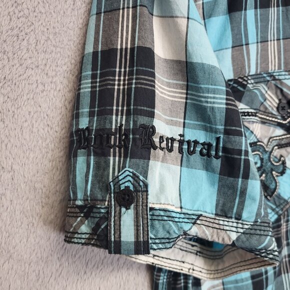 Rock Revival Shirt Mens Large Blue Plaid Button Up Western Cowboy Short Sleeve - Picture 7 of 9